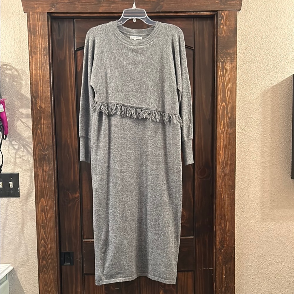 Gray Midi Sweater Dress with Ruffled Detail and Long Dolman Sleeves